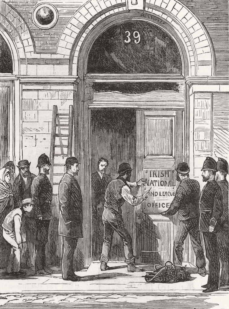 DUBLIN. Taking name-plate off land league office 1881 old antique print